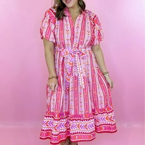 Pink Printed Midi Dress with Tie Waist